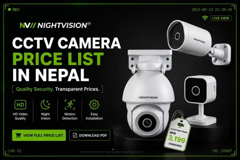 NightVision CCTV Camera Price List in Nepal – HD bullet camera, PTZ dome camera, and mini cube camera displayed on dark background. Features include HD Video Quality, Night Vision, Motion Detection, and Easy Installation. Prices starting from NPR 3,199 onwards.