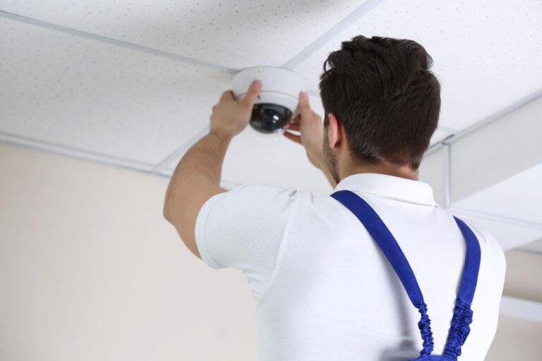CCTV installation work is going on by technician.