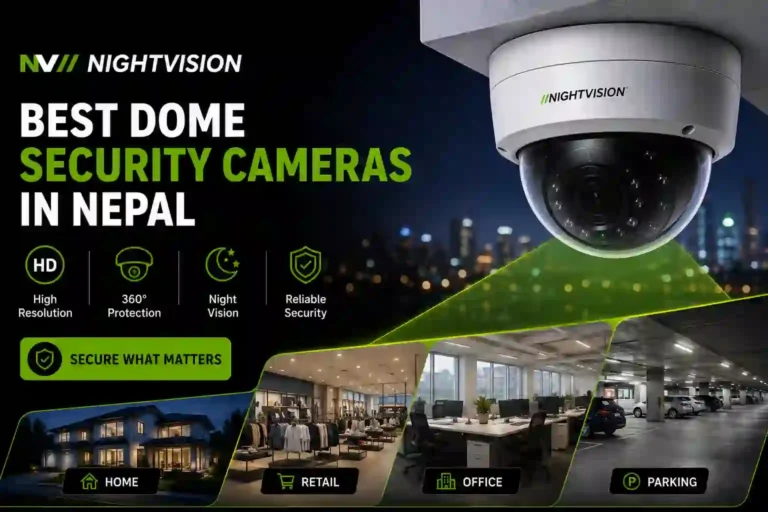 Promotional graphic for Nightvision dome security cameras in Nepal. The image features a white dome camera mounted on a ceiling, highlighting its 360° field of view represented by a green projection beam. The infographic lists key features including High Resolution, 360° Protection, Night Vision, and Reliable Security, with a "Secure What Matters" call-to-action button. At the bottom, four real-world application scenes are shown: a house at night, a retail clothing store, an office space, and an indoor parking garage.