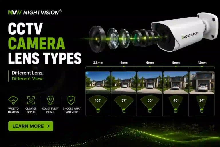 Infographic titled "CCTV Camera Lens Types: Different Lens, Different View" by Nightvision. It features an exploded view of a white bullet security camera showing its internal lens elements. Below this is a comparison chart demonstrating how focal length impacts the field of view, using a picture of a house and driveway as an example. The chart compares five lenses: 2.8mm (105° wide angle), 4mm (87° angle), 6mm (60° angle), 8mm (40° angle), and 12mm (24° narrow, zoomed-in angle). The graphic also includes four feature icons labeled Wide to Narrow, Clearer Focus, Cover Every Detail, and Choose What You Need, along with a green "Learn More" button over a dark background with green digital wave accents.