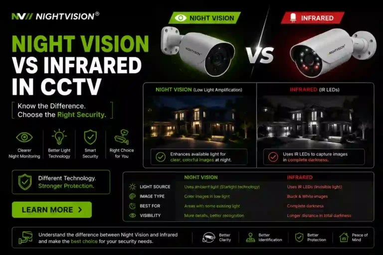NightVision Night Vision vs Infrared in CCTV comparison – two bullet cameras side by side showing Night Vision using low light amplification for colour images versus Infrared using IR LEDs for black and white images in complete darkness. Comparison table covering Light Source, Image Type, Best For, and Visibility differences between both technologies.