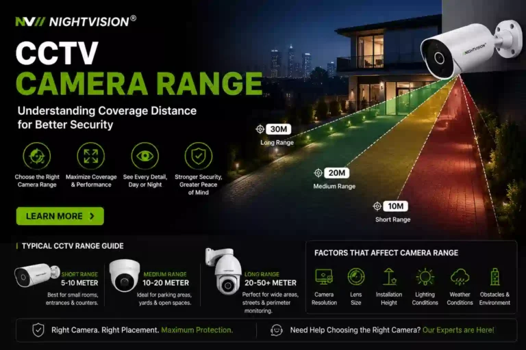 NightVision CCTV Camera Range guide – bullet camera projecting colour-coded coverage zones of 10M short range, 20M medium range, and 30M long range over a night-lit property. Typical CCTV range guide showing bullet camera for 5–10M, turret camera for 10–20M, and PTZ dome for 20–50M+. Factors affecting camera range include Camera Resolution, Lens Size, Installation Height, Lighting Conditions, Weather Conditions, and Obstacles and Environment.