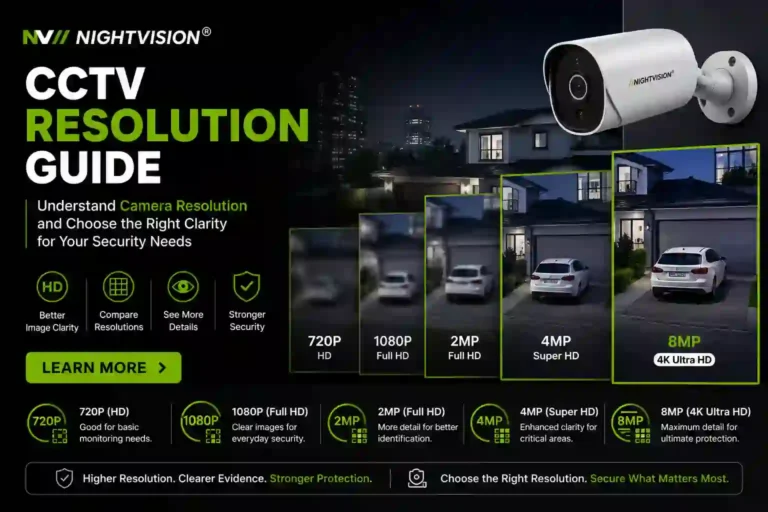 NightVision CCTV Resolution Guide – visual comparison of five resolution tiers from 720P HD to 8MP 4K Ultra HD showing progressive image clarity on a driveway scene, with a NightVision bullet camera. Covers Better Image Clarity, Compare Resolutions, See More Details, and Stronger Security.