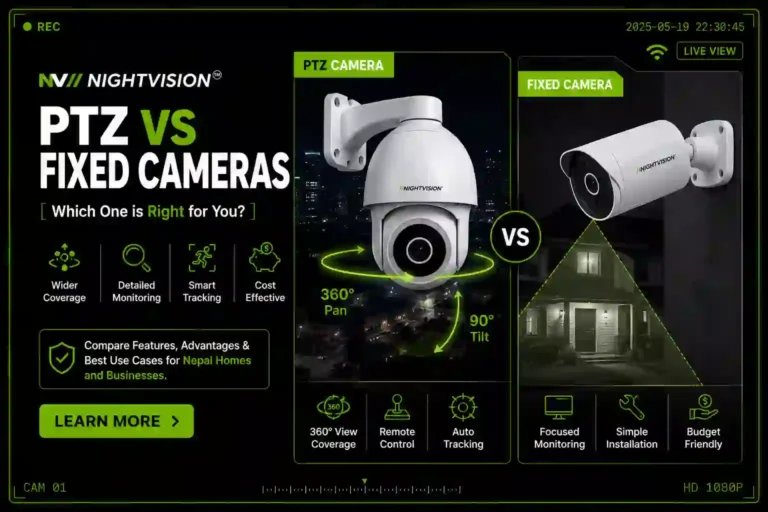 NightVision PTZ vs Fixed Cameras comparison – PTZ dome camera with 360° pan and 90° tilt showing 360° View Coverage, Remote Control, and Auto Tracking; versus bullet fixed camera with Focused Monitoring, Simple Installation, and Budget Friendly. Comparison of features, advantages, and best use cases for Nepal homes and businesses.