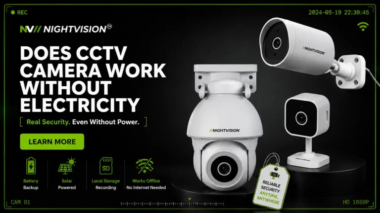 NightVision CCTV cameras – PTZ dome, bullet, and cube models – with text: Does CCTV Camera Work Without Electricity? Features include Battery Backup, Solar Powered, Local Storage Recording, and Works Offline with No Internet Needed.
