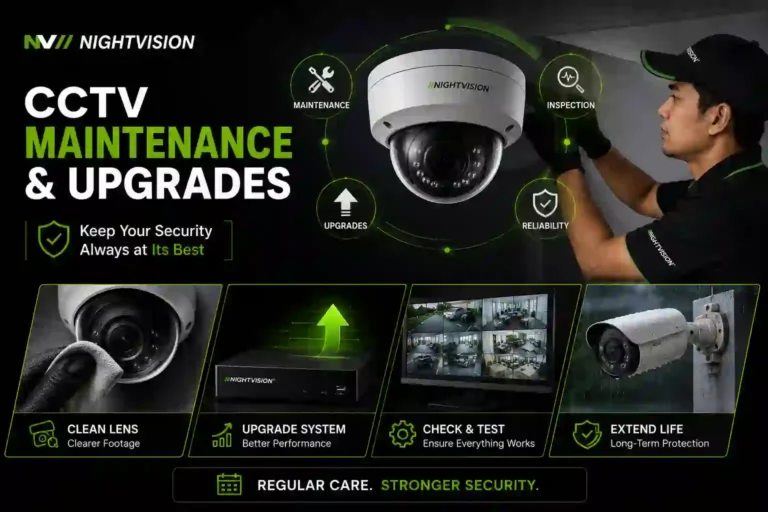 Promotional graphic by Nightvision titled "CCTV Maintenance & Upgrades," featuring the slogan "Keep Your Security Always at Its Best." The image depicts a technician servicing a dome security camera, surrounded by icons highlighting key services: Maintenance, Inspection, Upgrades, and Reliability. Below, four panels illustrate essential care tasks: cleaning a lens for clearer footage, upgrading the system for better performance, checking and testing the system to ensure it works, and extending the equipment's life for long-term protection. The graphic concludes with the message "Regular Care. Stronger Security."