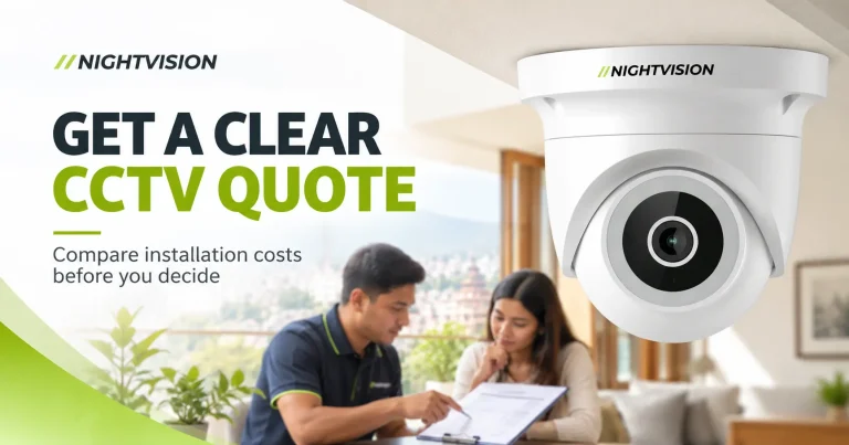 NV NightVision dome CCTV camera displayed beside a homeowner consultation scene, with the headline “Get a Clear CCTV Quote” and text encouraging customers to compare installation costs before deciding.