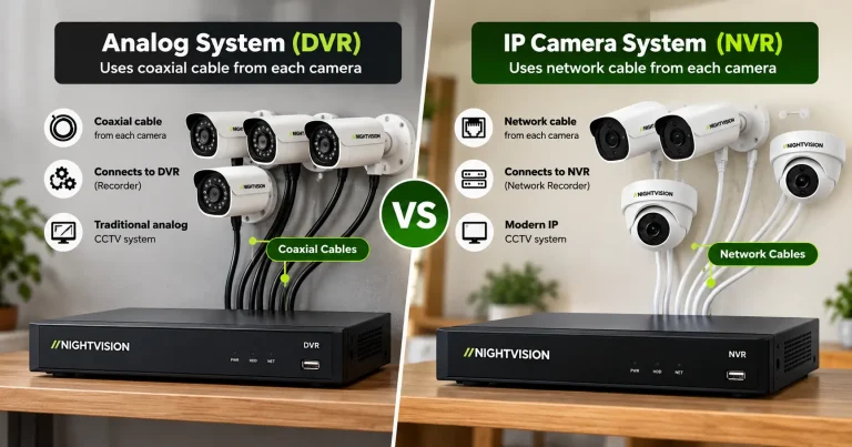 NV NightVision infographic comparing an analog DVR security system with coaxial cables to an IP camera NVR system featuring Netra V6Z, bullet, and dome cameras without visible cables.