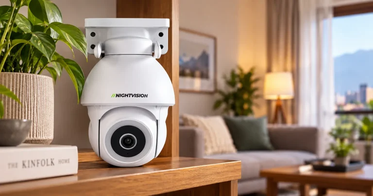 NV NightVision Ratri G11 security camera displayed on a wooden shelf in a modern Kathmandu living room, with indoor plants, a sofa, and warm ambient lighting.