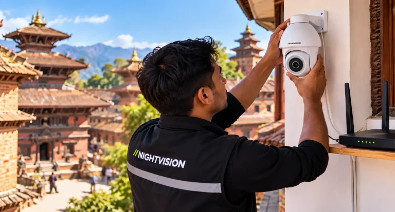 Night Vision technician installing a CCTV security camera on a building in Nepal, with traditional Nepalese temples in the background, highlighting professional CCTV installation and modern security solutions by NightVision.