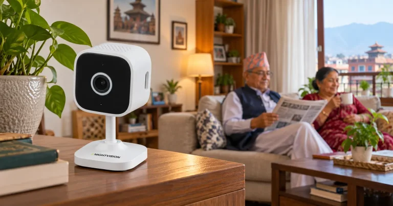 NV NightVision Netra S8 indoor Wi-Fi security camera in a living room with an elderly Nepali couple relaxing on a sofa.