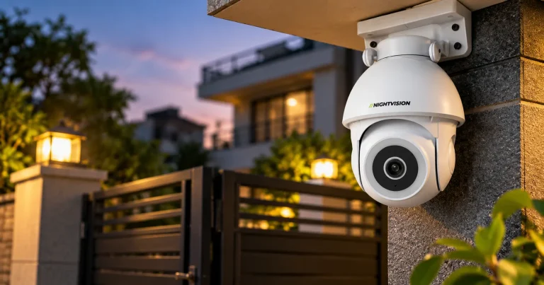 NV NightVision outdoor Wi-Fi security camera mounted on a stone pillar above a residential gate at dusk, with warm house lights and a modern home in the background.