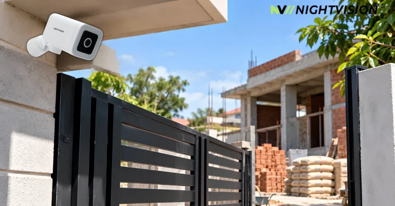 T5P-Ratri Bullet outdoor Wi-Fi CCTV camera mounted under a roof edge above a construction site gate, overlooking stacked bricks, cement bags, and building materials.