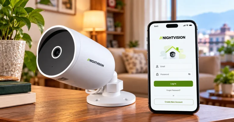 NV NightVision Netra V6Z Wi-Fi security camera beside a smartphone displaying the camera app with Privacy Mode enabled, on a white shelf in a modern living room.